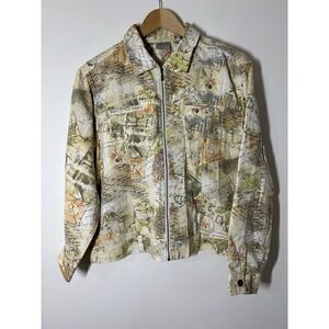 Chico's Jacket Size 2 Linen Blend Multicolor Travel Postcard Stamps Zip Up